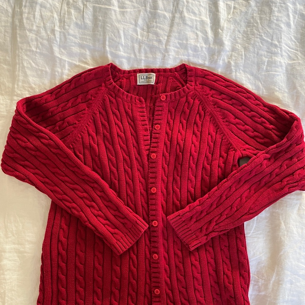 L.L. Bean Red Cable-Knit Button-Front Cardigan